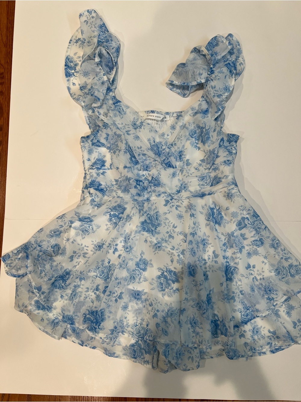 Altar'd State White and Blue Floral Ruffle Romper